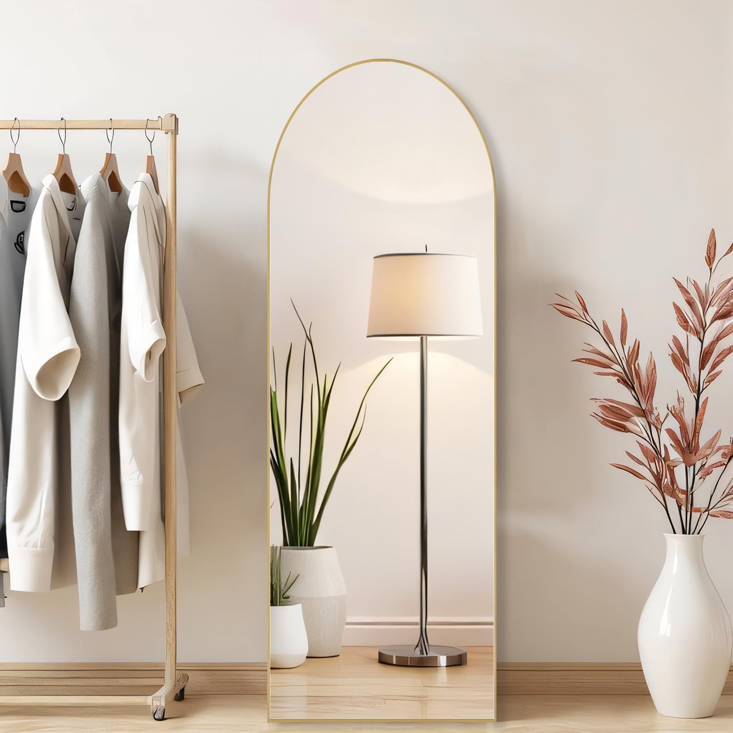 arched mirror full length, upgraded 16"x59" body wall mirrors with shatter-proof glass, floor standing, hanging or leaning, tall arch mirror with stand aluminum alloy frame for bedroom, gold gold 59"l x 16"w