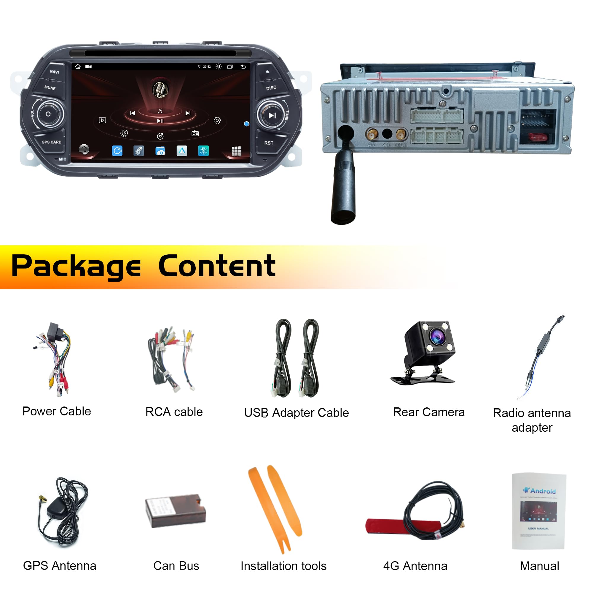 Android autoradio per FIAT TIPO EGEA 2015-2017 Android schermo stereo radio GPS Wireless Carplay, Android Auto, navigazione, Bluetooth, WIFI, FM/AM Radio [4G RAM+64G ROM]