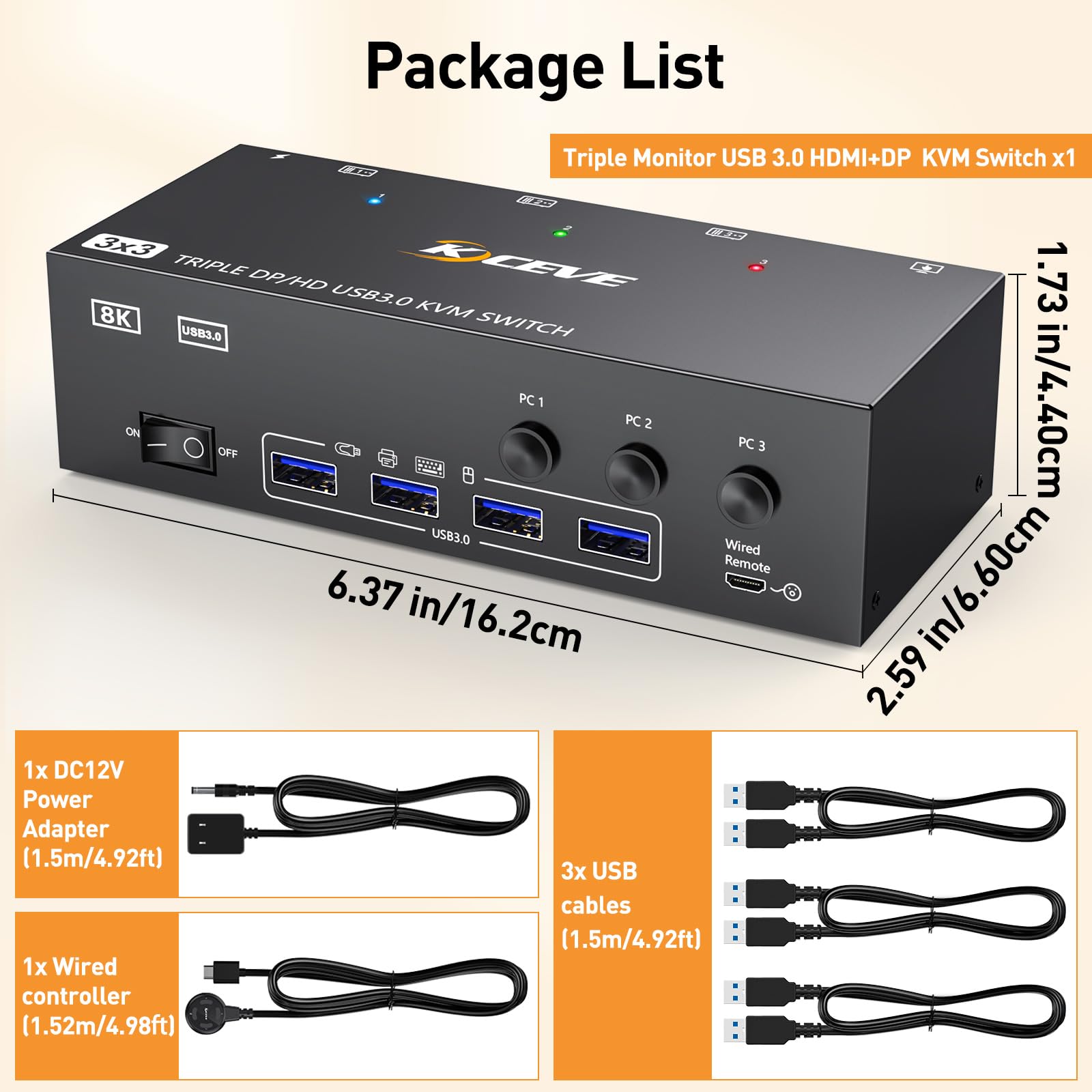 Commutateur KVM 3 moniteurs 3 PC, Displayport HDMI USB 3.0 Commutateur KVM pour deux écrans, prend en charge 4K @ 60 Hz pour 3 ordinateurs