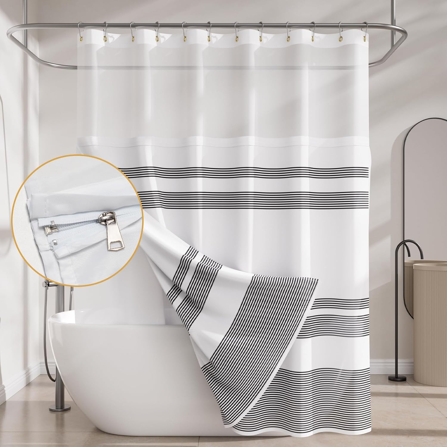 AmazerBath Shower Curtain with Double Zippered Fabric Liner