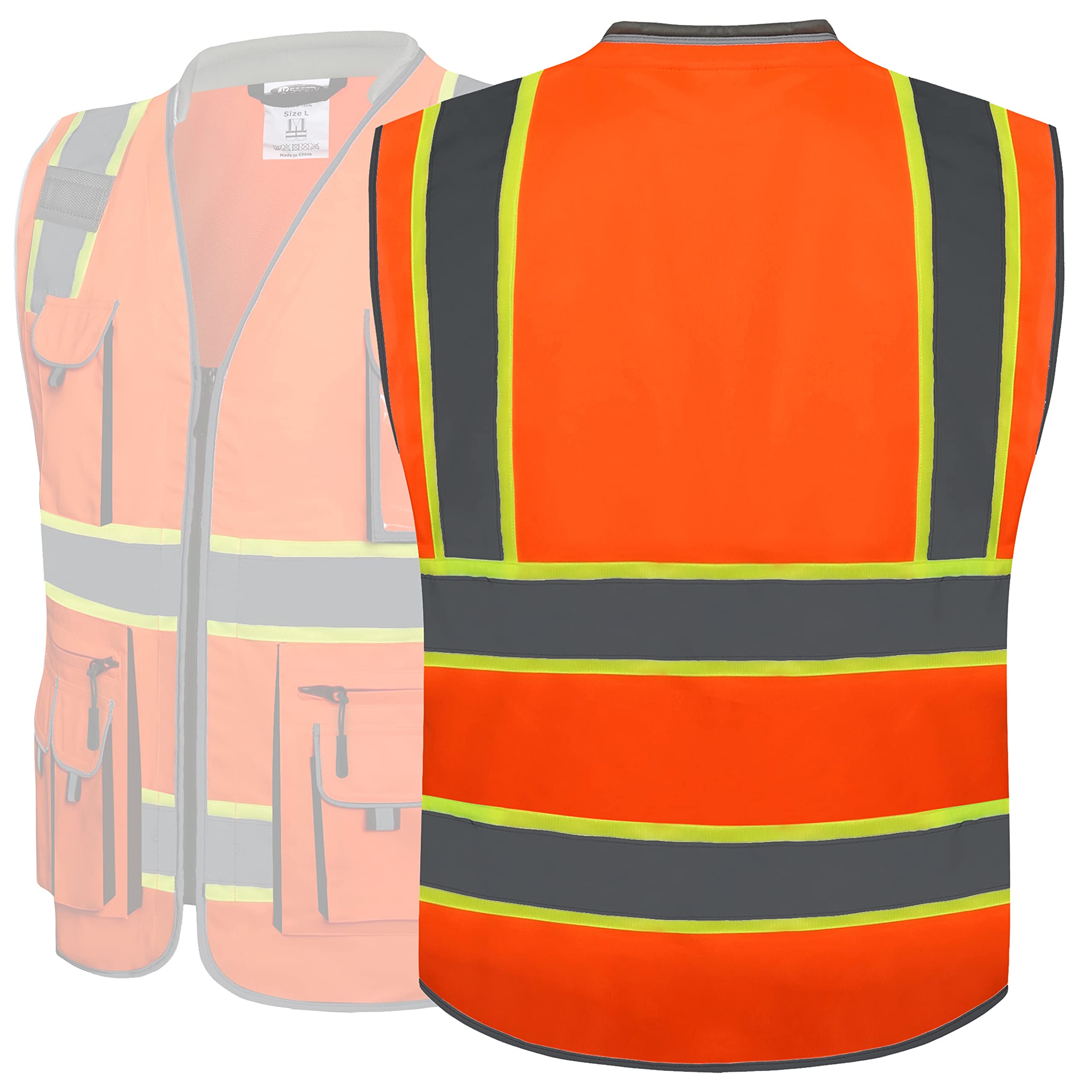 JKSafety Gilet de sécurité haute visibilité avec 10 poches pour hommes et femmes avec fermeture à haute visibilité ANSI/ISEA Classe 2, Oranget1s1, L, Orange 1s1, L