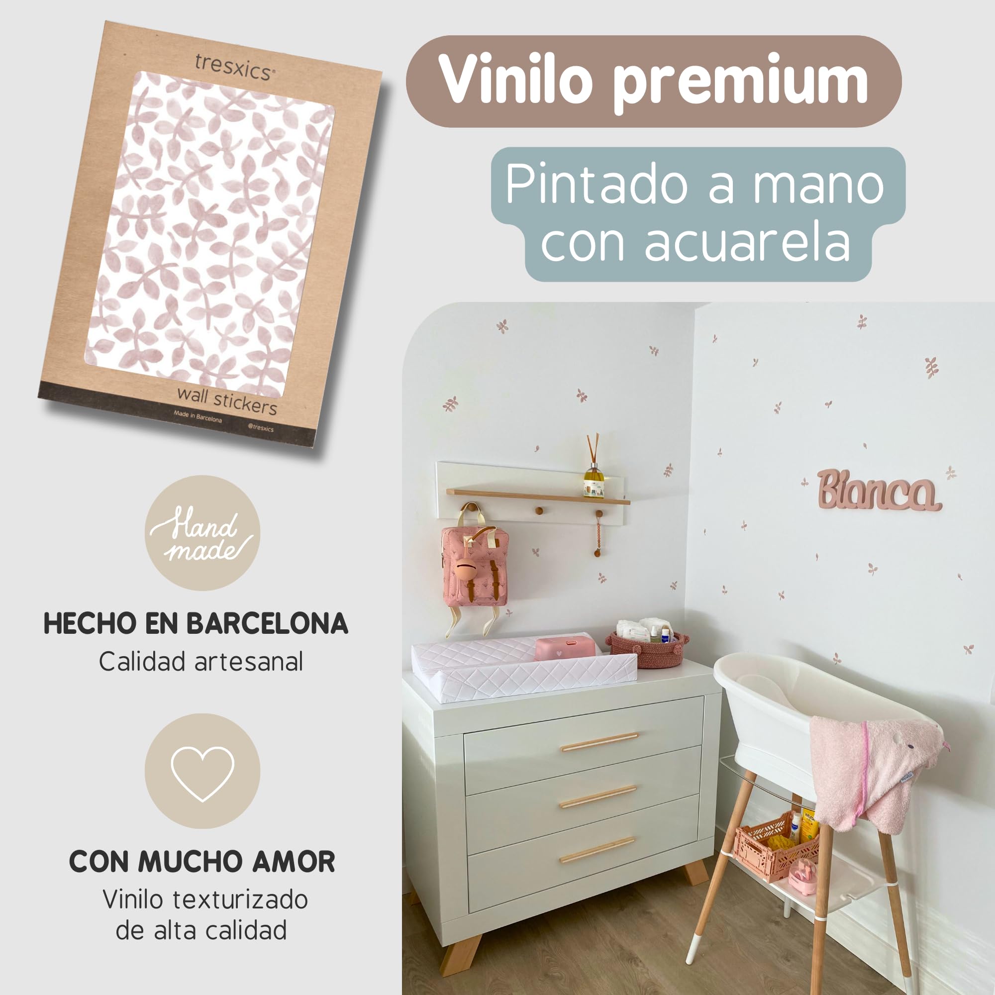 Pegatinas Pared Decorativas Hojas Acuarela | 6 Láminas, 240 Hojas Adhesivas | Vinilo Adhesivo Pared | Efecto Papel Pintado | Cubre 9 m² | TRESXICS (Rosa)
