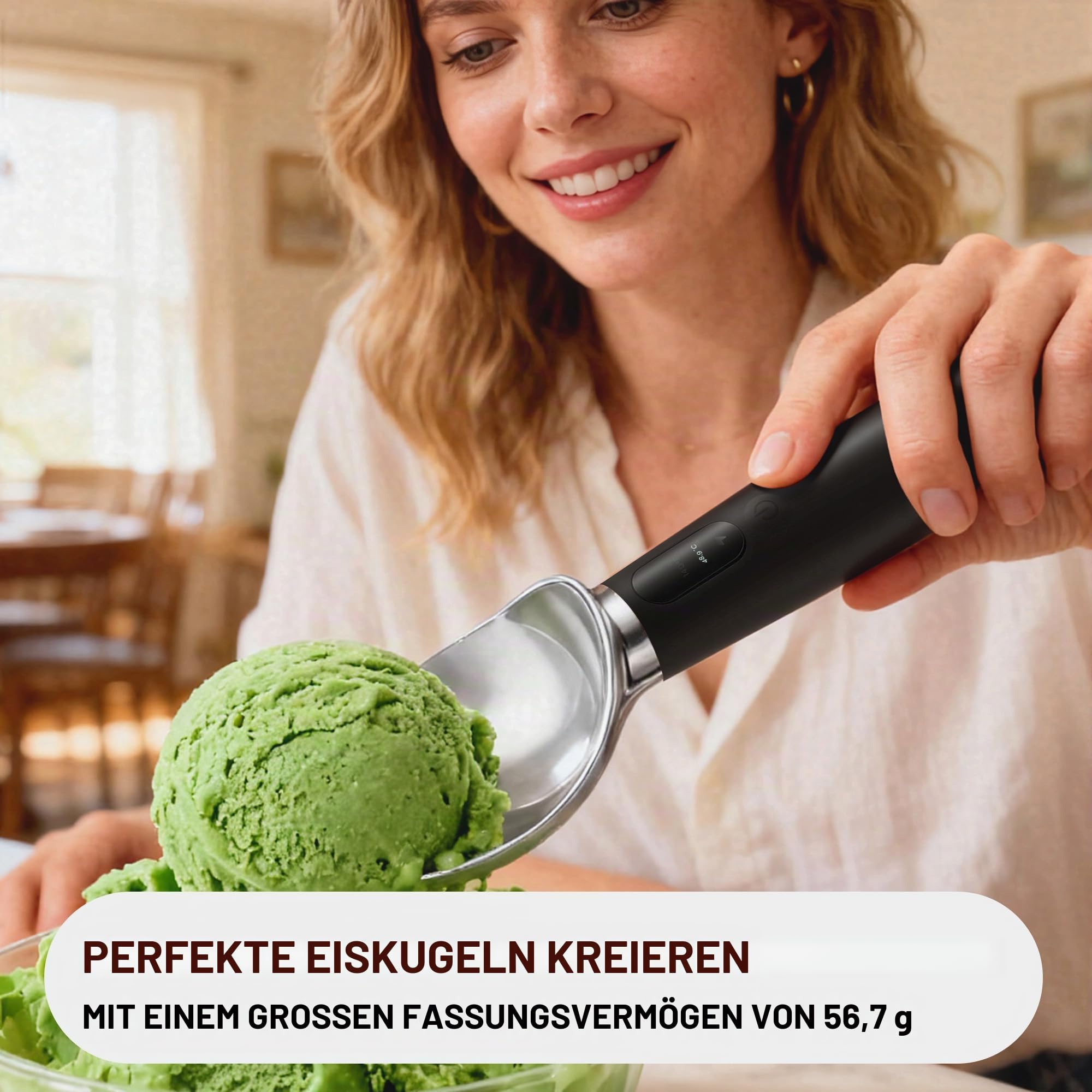 VRAIKO Beheizter Eisportionierer | Wärmender Eisportionierer mit 3-stufig einstellbaren Heizungen – 52/62/71 °C, LED-Display, 2600 mAh Kapazität, wiederaufladbar | für hartes Eis und mehr (schwarz)
