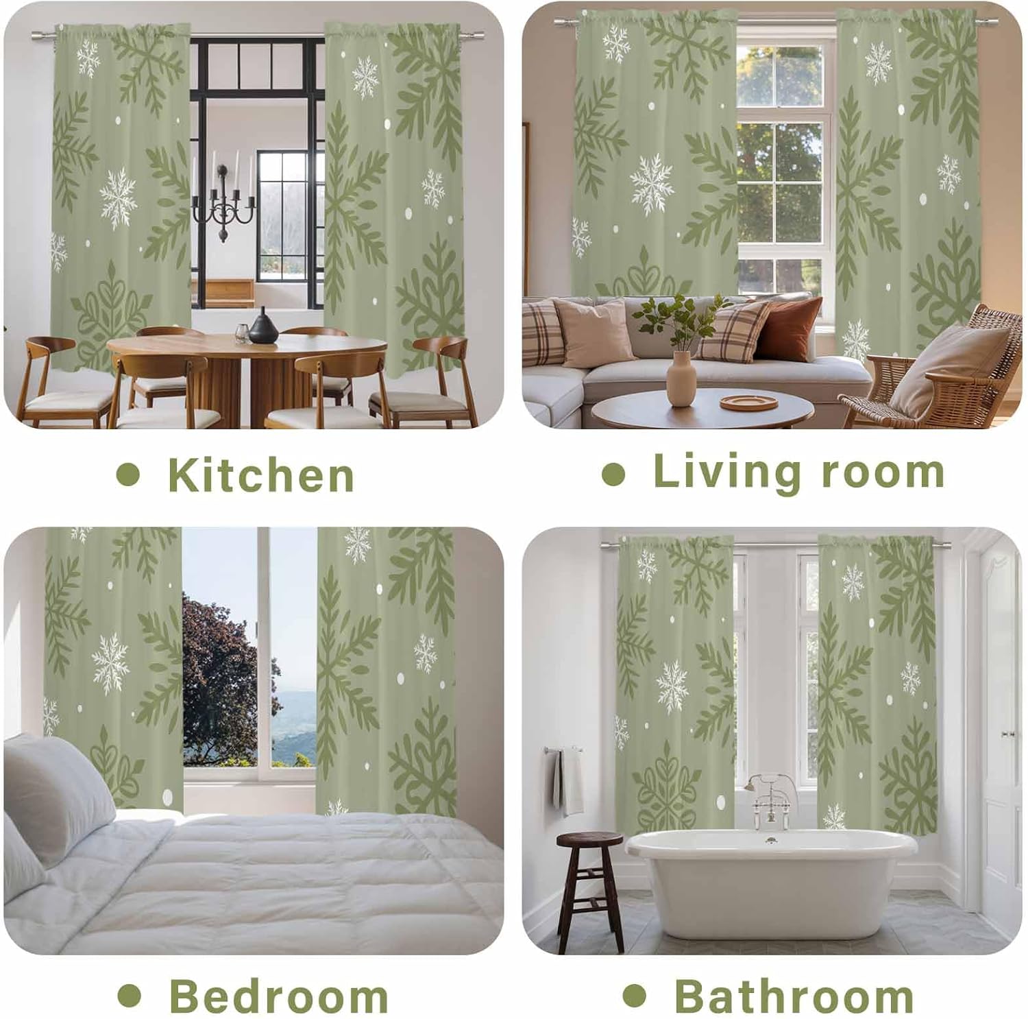 Sage Green Christmas Window Curtains 72 Inch Long 2 Panel Set, Rod Pocket Long Curtains & Drapes, Winter Xmas Snowflakes Textured Light Filtering Window Treatment for Bedroom Living Room 52"W x 72"L