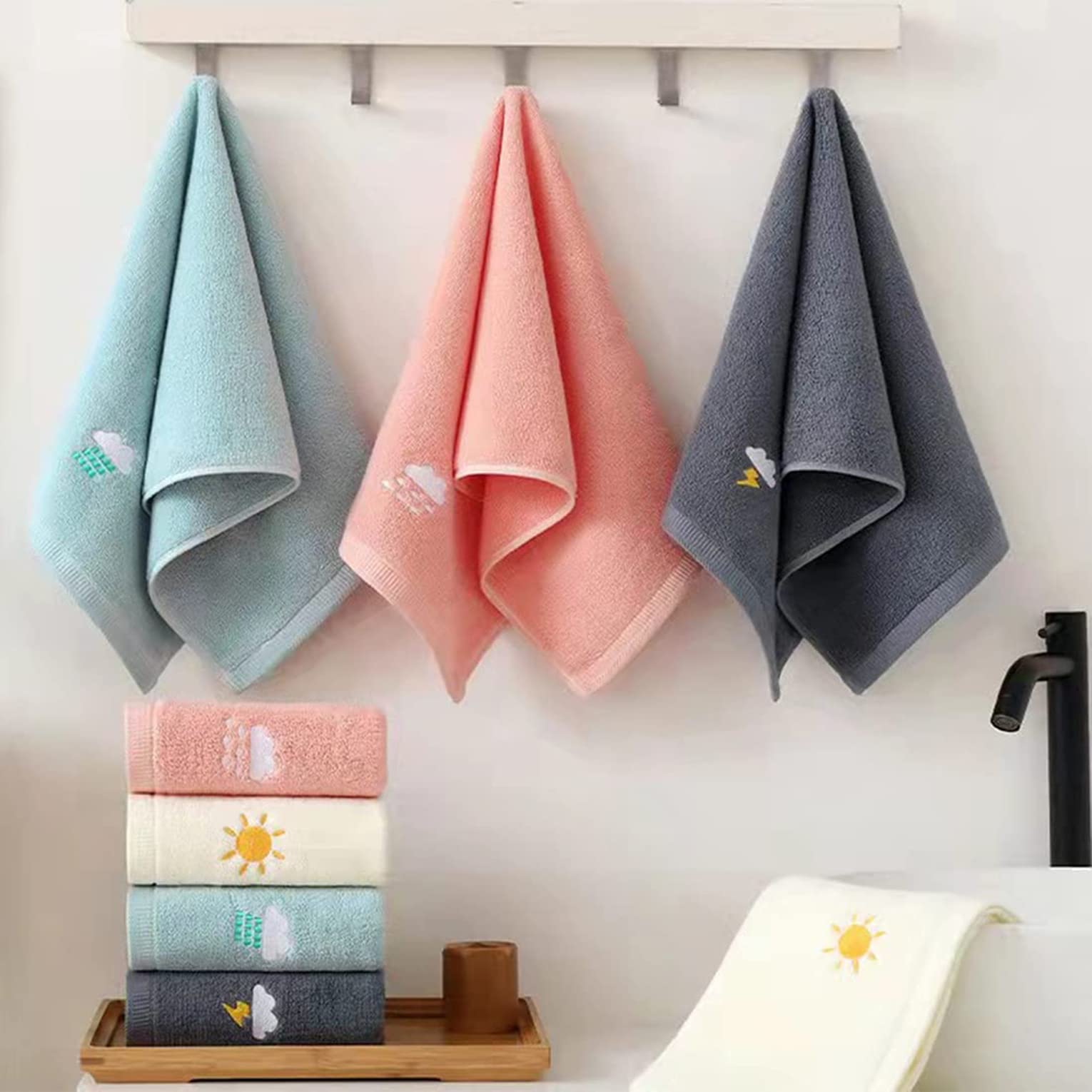 ELECDON Hand Towels for Bathroom Set 4 Piece, 100% Cotton Bath Hand Towel, Face Towel Soft Highly Absorbent Towels for Adults and Children for Bathroom Kitchen, 14x29 Inch (Pink White Blue Gray)