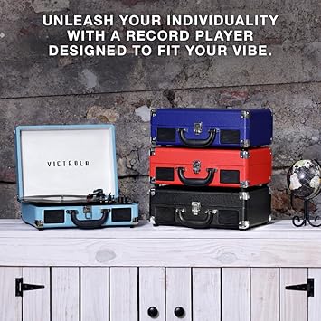 Victrola Journey Bluetooth Portable Suitcase Record Player with Built-in Speakers, 3 Speed Vinyl Record Player, RCA Out, Headphone Jack (Turquoise)