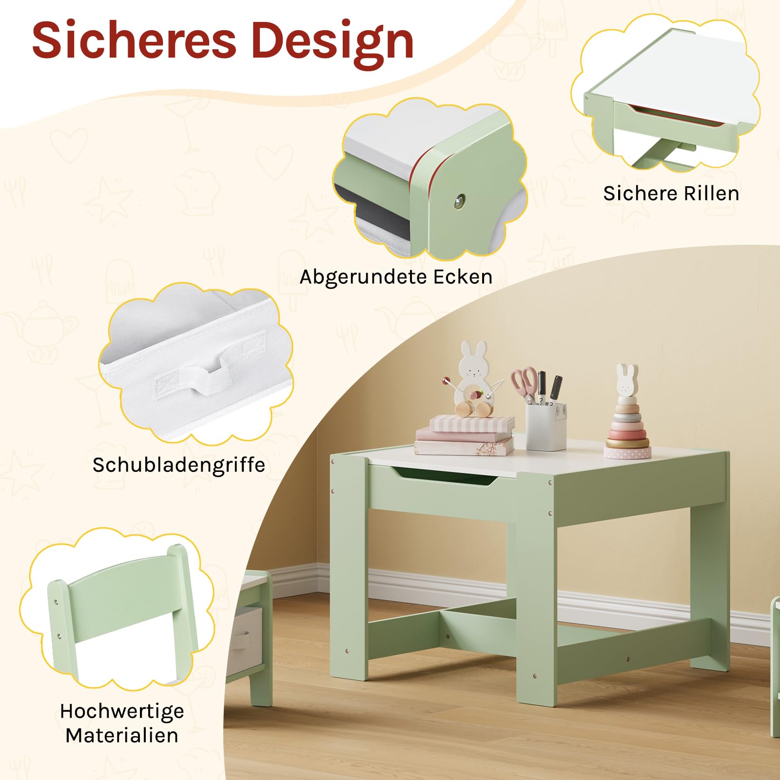WOLTU Kindertisch mit 2 Stühlen, für Kinderzimmer Kindergarten, Kindersitzgruppe mit Stauraum, mit wendbarer Tischplatte, für Kinder ab 2 Jahren, Grün + Weiß