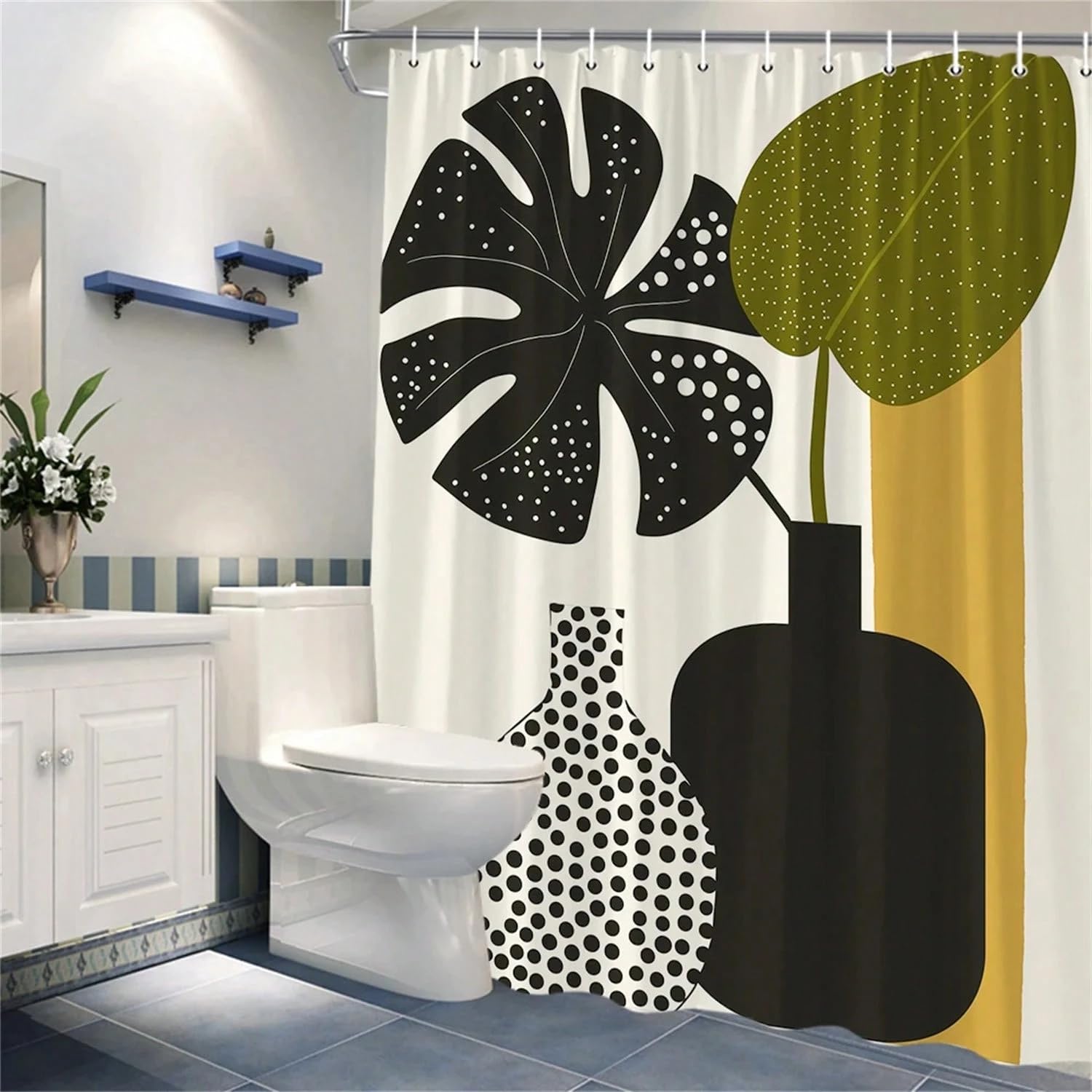 Zasłona prysznicowa z liśćmi monstery minimalistyczna sztuka geometryczna czarne wazony i kropki wzory na beżowym tle, nowoczesny design (180 x 220 cm/wodoodporny)