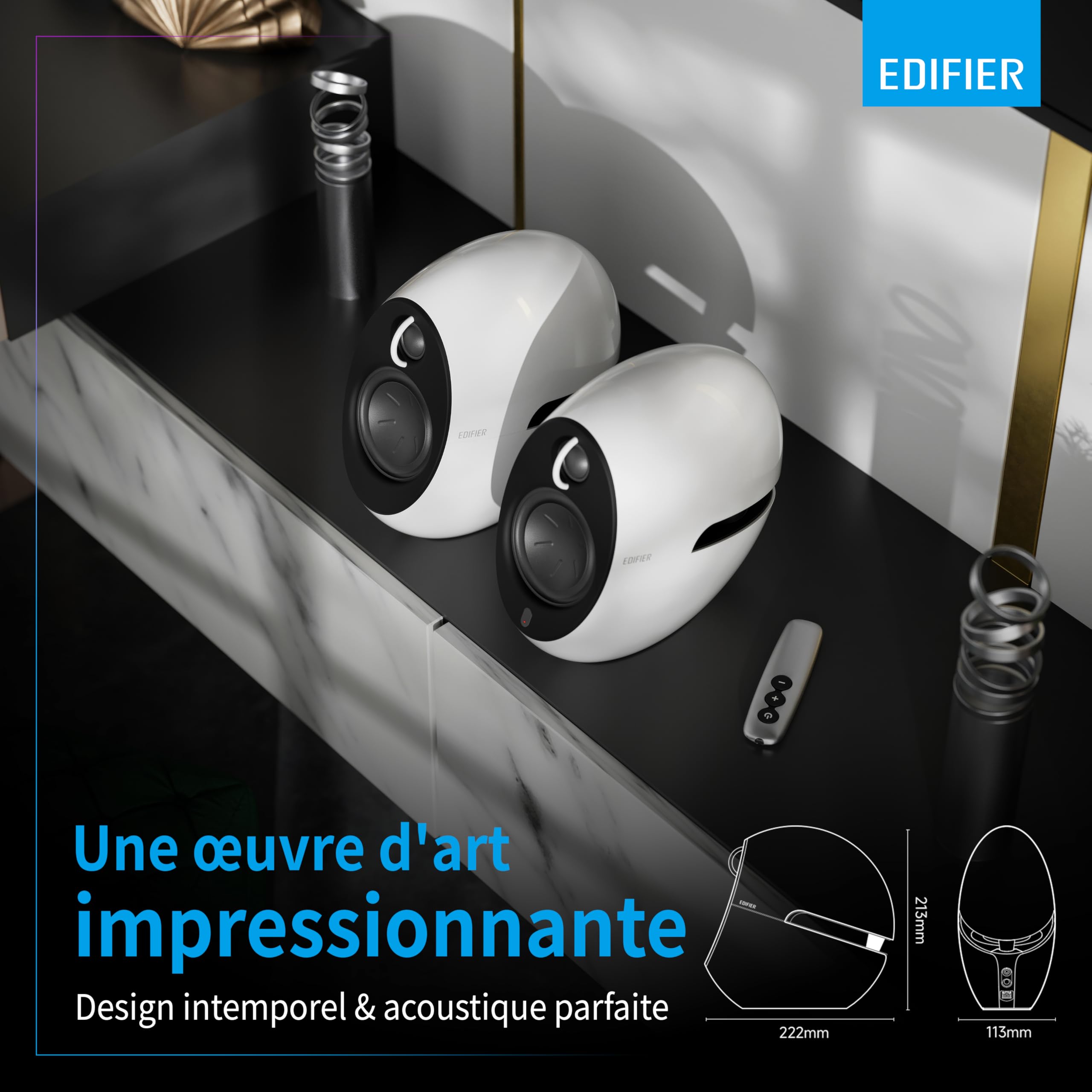 Edifier Luna Eclipse - Kit d'Enceintes Design 2.0 Bluetooth avec Télécommande IR Blanc 74 W E25 White