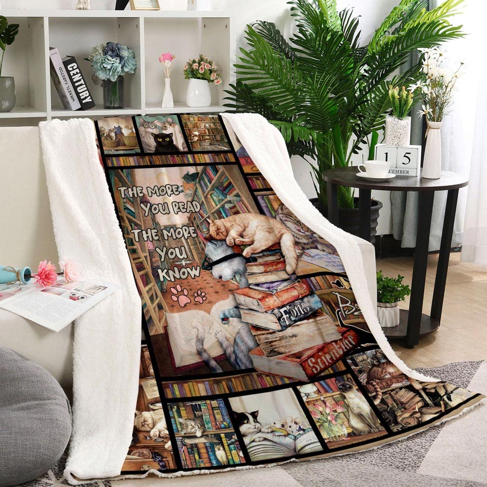 Cozy Cat & Books Blanket For Women - Soft Throw Blanket For Sofa, Couch, Bed - 50x60 Inches - Perfect Gift For Book And Cat Lovers
