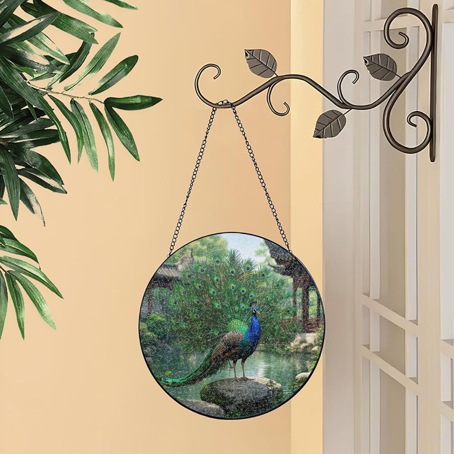 Stained Glass Window Hanging 12in Window Suncatcher Glass Panel with Metal Chain Aqua Green Chinese Style Peacock Sun Catchers Wall Art Home Decor Gift for Women Mother's Day
