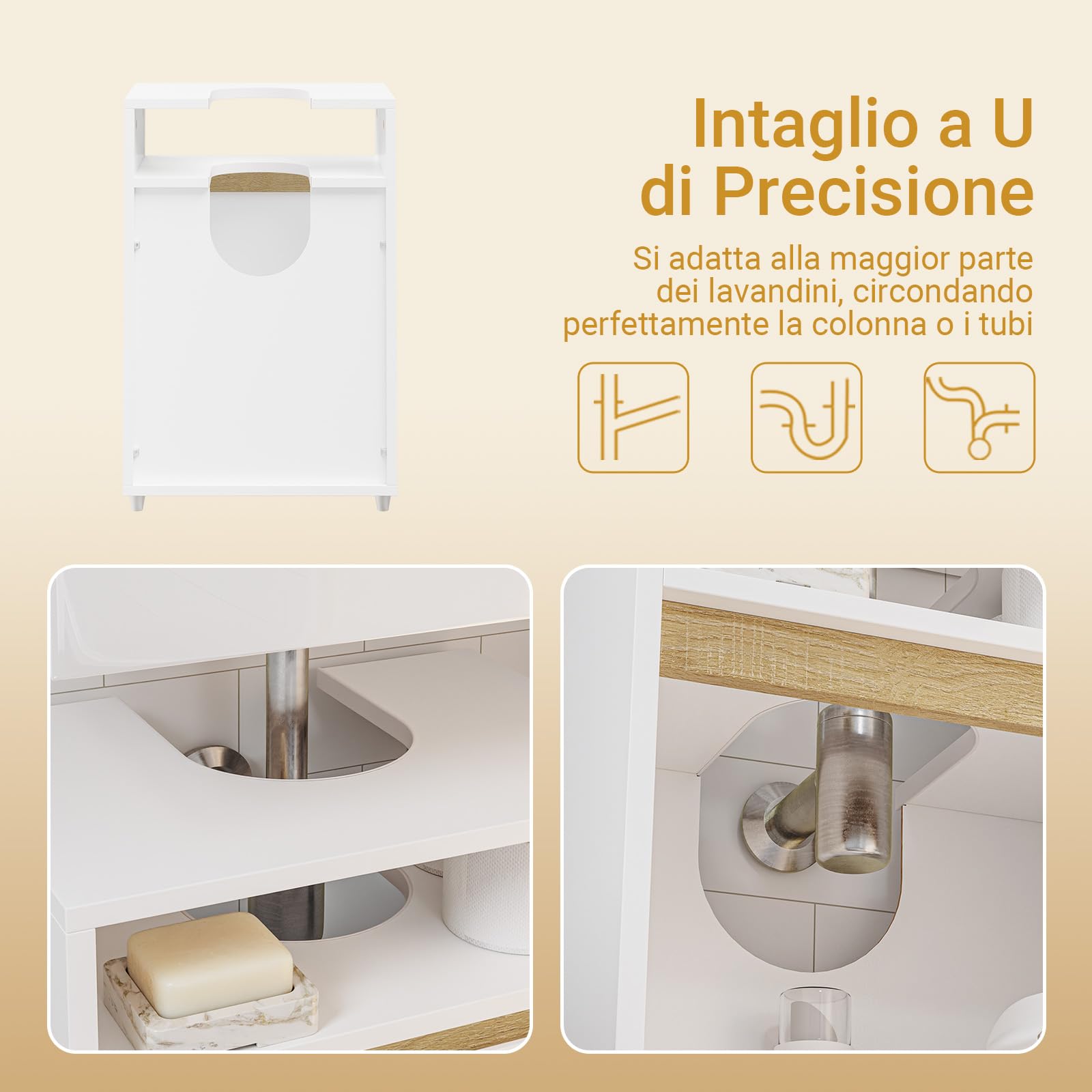 SoBuy Mobile Sottolavabo Stretto con Apertura a U 40x60x30cm per Bagno | Armadietto Salvaspazio, Mobile Bagno di Servizio per Piccoli Spazi, Finitura Opaca Bianco e Legno BZR222-W