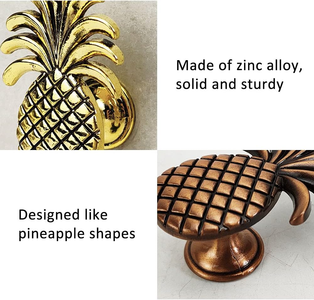 10pcs Pineapple Cabinet Knobs Tropical Drawer Knobs and Pulls Set Single Hole Dresser Knobs Wardrobe Pulls Cupboard Handles Zinc Alloy Door Knobs for Kitchen Bathroom Home Vanity Ancient Gold