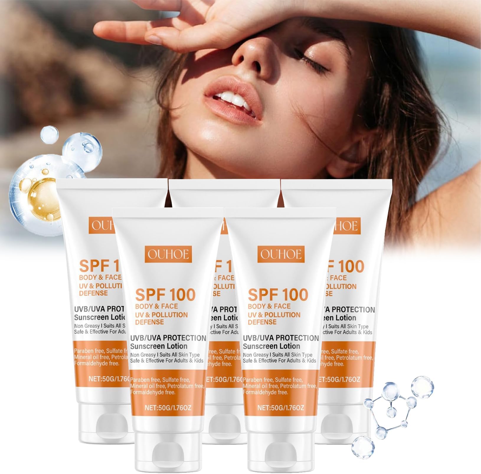 Sun Cream SPF 100, UVA/UVB Protection, Moisturising, Anti-Ageing, 50 g (5 Pieces)
