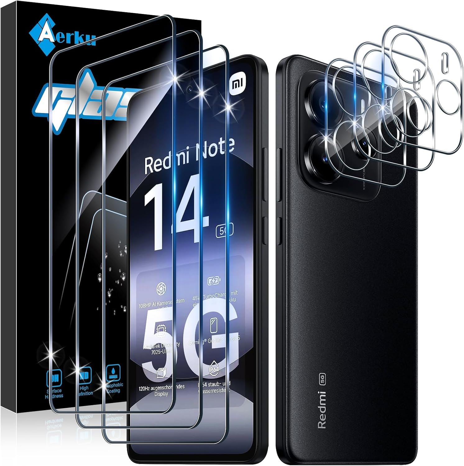 Screen Protector for Xiaomi Redmi Note 14 5G for Tempered Glass Pack of 3 Protective Glass and 3 Camera Protection 0.33 mm Ultra Clear Film 9H Hardness Anti-Scratch Anti-Bubble Tempered