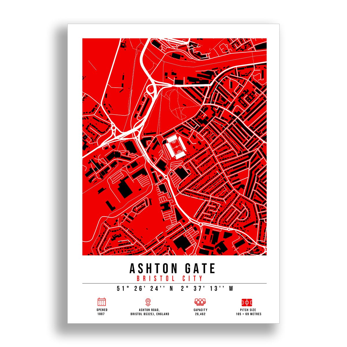 Ashton Gate Stadium Map Minimalist A4/A3 Poster Photo Print Framed Gift Bristol City (A3 Poster Only)