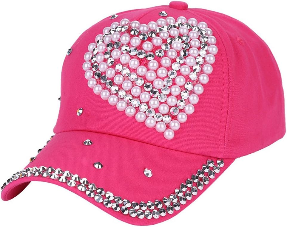 Queenbox Boy Girls Rhinestone Heart Shaped Baseball Cap Vintage Washed Cotton Dad Hat Crystal Bling Snapback Hats,Pink