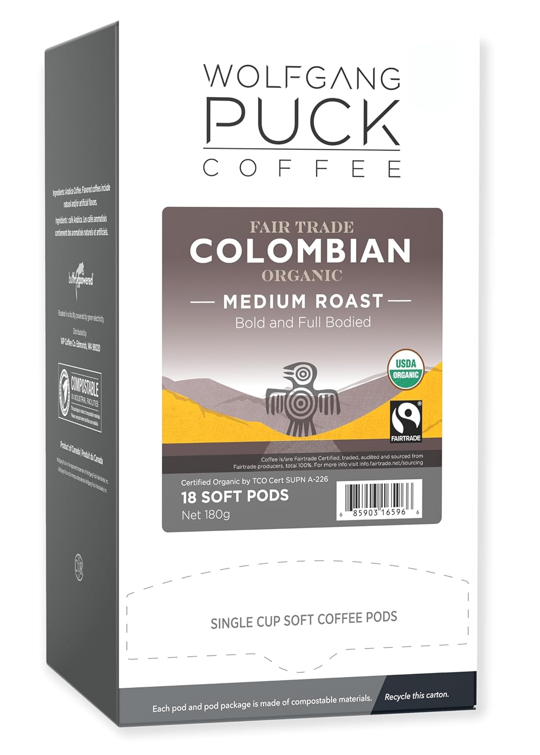 Wolfgang Puck Coffee, Colombian Organic Fair Trade, 9.5 Gram Soft Pod, 18 Count (Pack of 6)