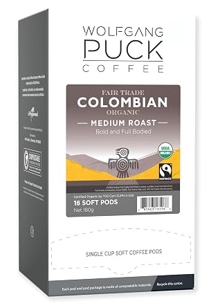 Wolfgang Puck Coffee, Colombian Organic Fair Trade, 9.5 Gram Soft Pod, 18 Count Pack of 6