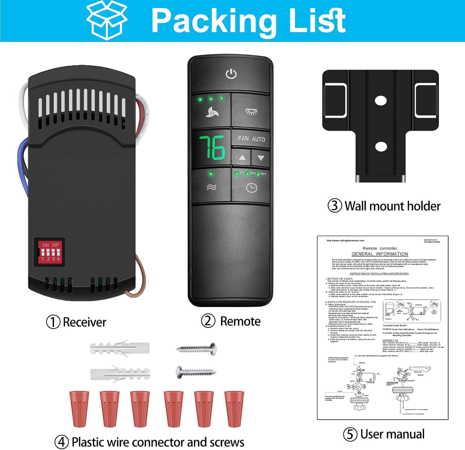 3-Speed Universal Ceiling Fan Remote Control Kit for Hampton Bay, Replacement for Home Decorators Collection Harbor Breeze Hunter, with Timer Light Dimmer, 2AAZPHD3/HD3 KUJCE10320/TR222A
