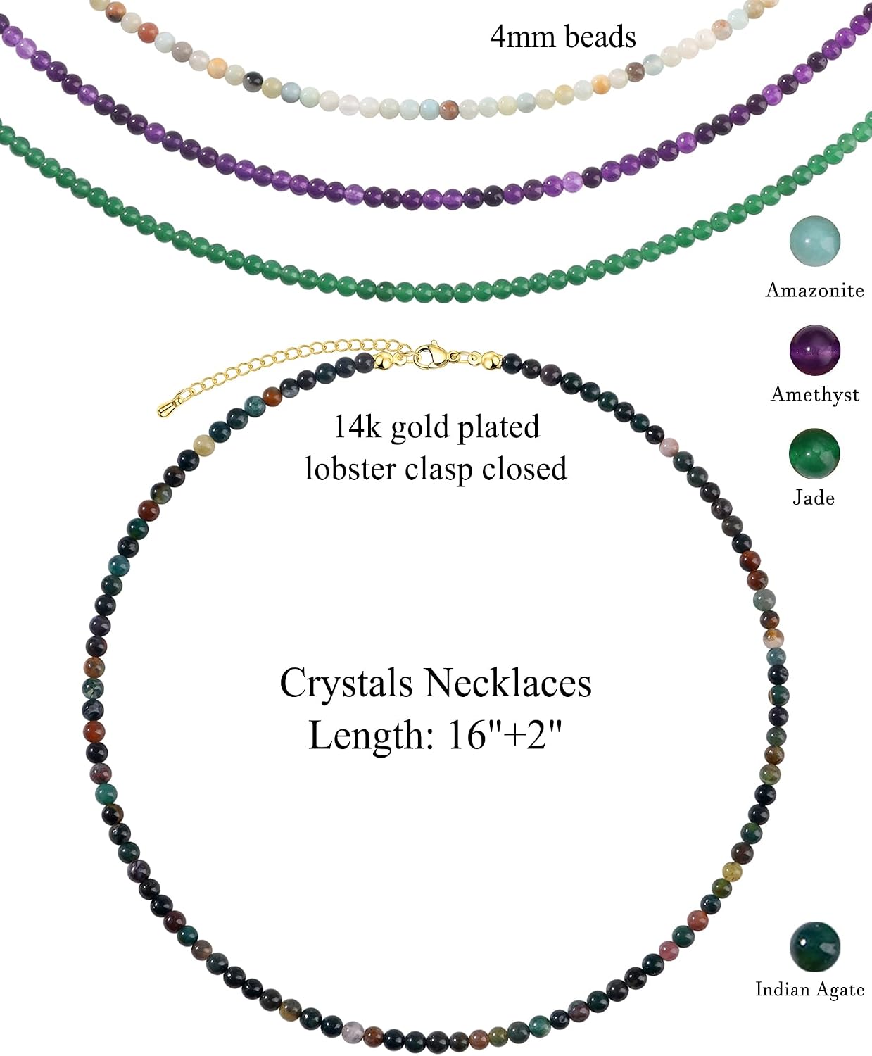 4PCS Beaded Necklaces for Women Trendy - 4MM Natural Beaded Choker Necklace Healing Gemstone Necklaces Chakra Crystal Necklace Jewelry Gifts