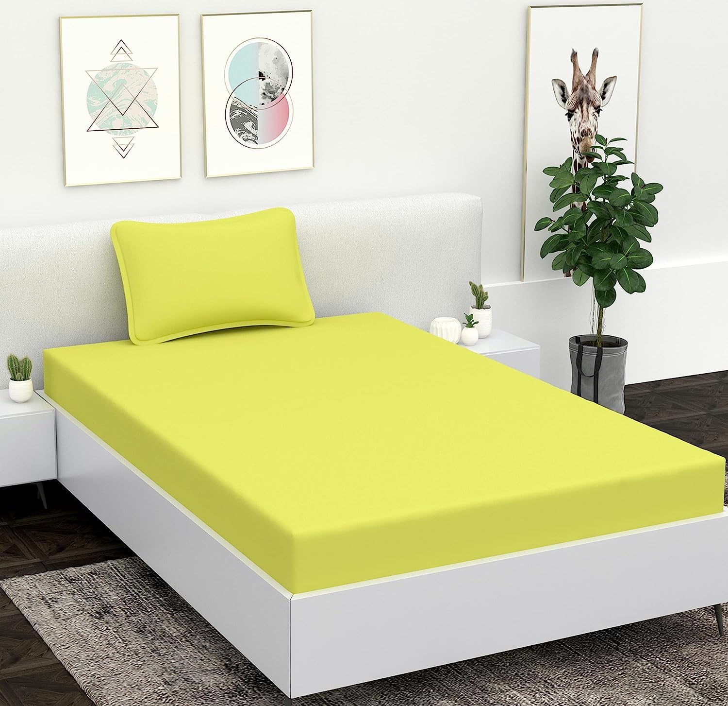 SHRIANAND CREATIONS Cotton Solid Single Size Bedsheets with 1 Pillow Covers Size 60"x90". (Neon)