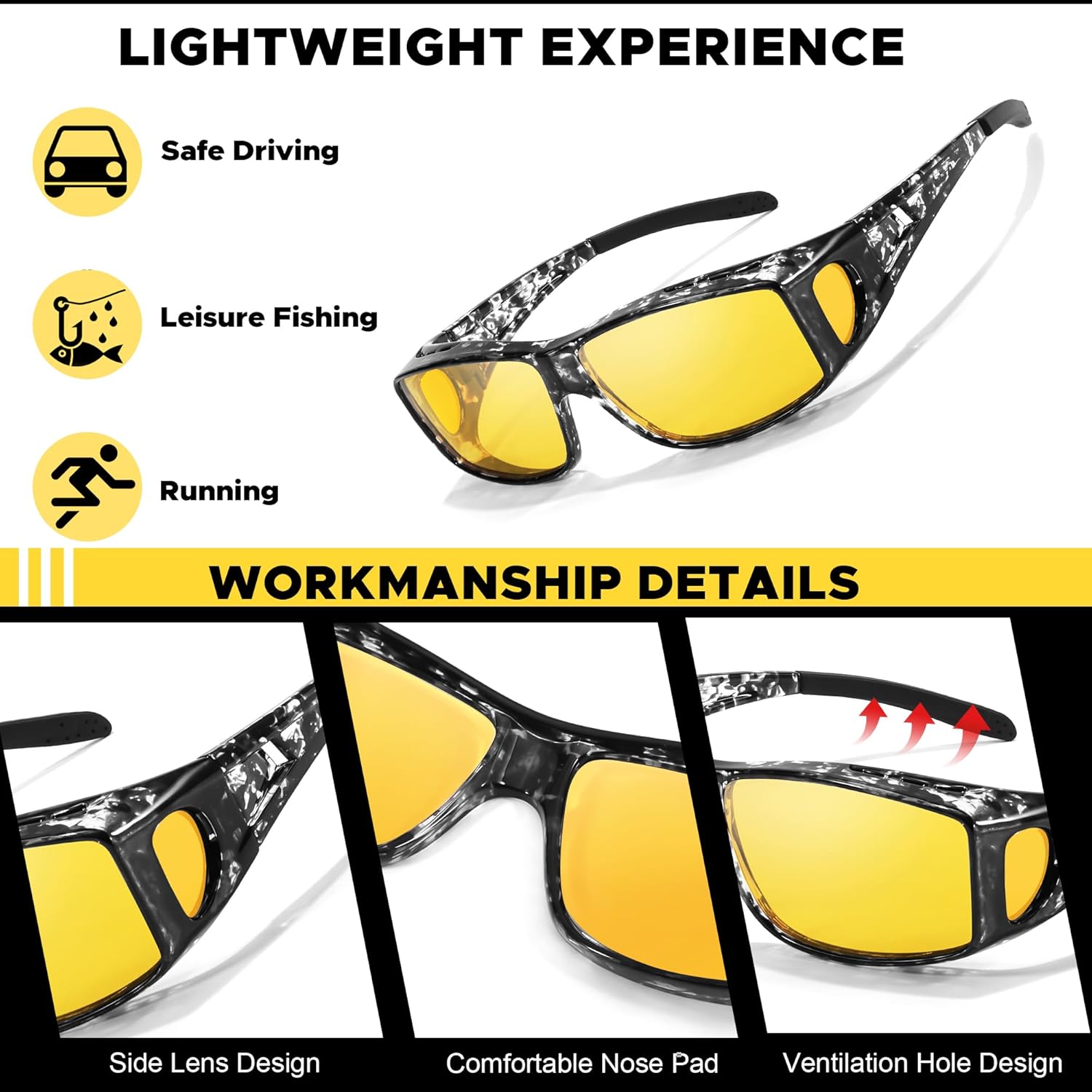 LVIOE Wrap Around Night-Vision Glasses, Fit Over Prescription Glasses with Polarized Yellow Lens Night-Driving Glasses - Image 4