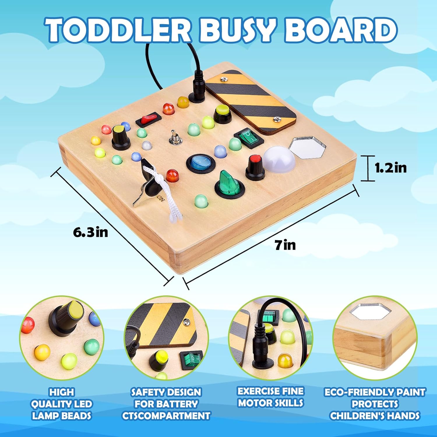 Montessori Busy Board with LED Light 17 Lights Toddler Switch Board Wooden Baby Button Light Up Toy for Baby Kids
