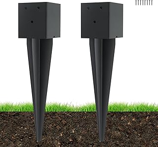 2 Pcs 4 "x 4 "Fence Post Anchors Ground Spike (Actual 3.6 ” X 3.6”)，Heavy Duty Metal Fence Stakes Post Base 16'' with Black Powder Coated Support for Mailboxes, Fences, Trellis Posts, Banners.
