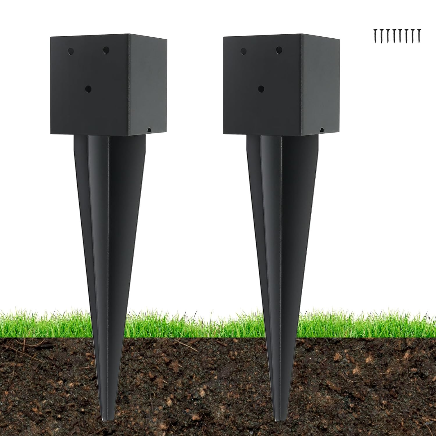 2 Pcs 4 "x 4 "Fence Post Anchors Ground Spike (Actual 3.6   X 3.6 ) Heavy Duty Metal Fence Stakes Post Base 16' with Black Powder Coated Support for Mailboxes, Fences, Trellis Posts, Banners.
