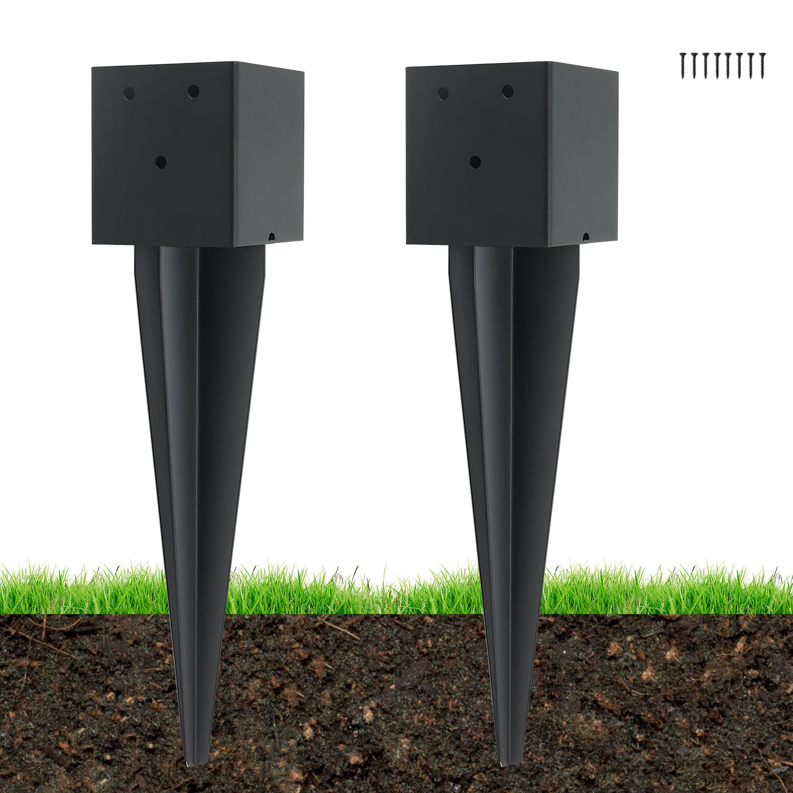 2 Pcs 4 "x 4 "Fence Post Anchors Ground Spike (Actual 3.6 ” X 3.6”)，Heavy Duty Metal Fence Stakes Post Base 16'' with Black Powder Coated Support for
