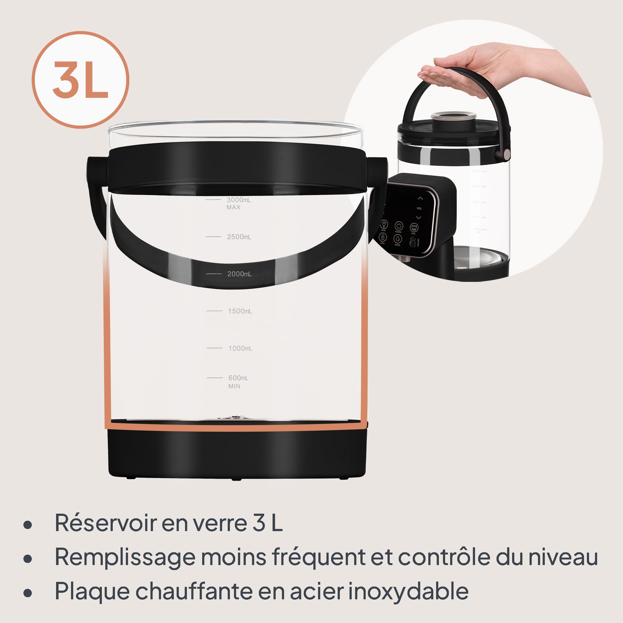 Lionelo Babypresto 2.0 Préparateur de Biberon Automatique, Noir | Chauffe-Eau Bébé 40-100°C, Dosage 30-300 ml, Réservoir en Verre 3 l, Mémoire, Écran LED, Mode Nuit et Lampe UV