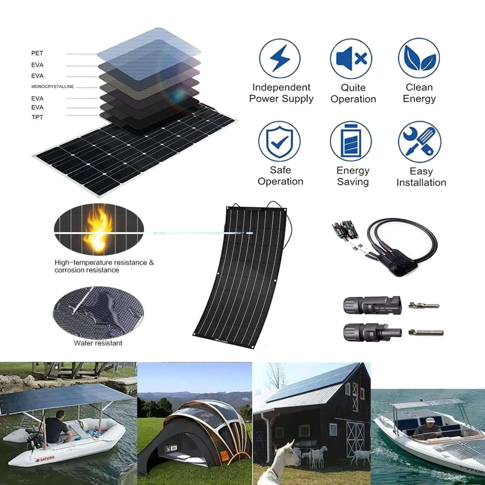 Kit Pannello Solare Flessibile 300W/600W/1200W, Pannello Solare Flessibile Monocristallino Ad Alta Efficienza, con Regolatore di Carica 40A, IP67, per Camper, Barca, Casa