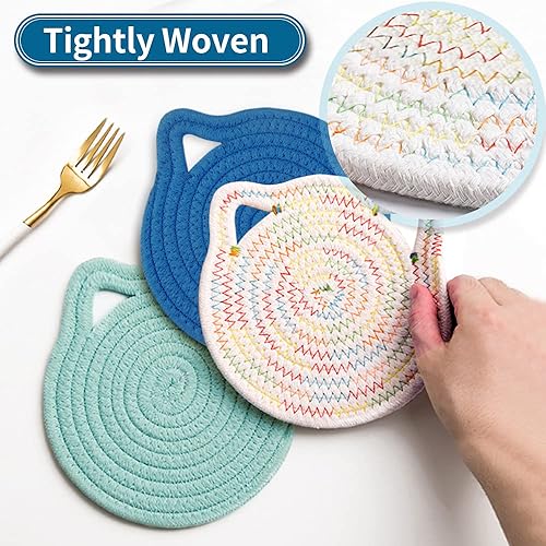 Miniatura 3 de Juego de salvamanteles de algodón de 7 pulgadas, 3 piezas de bonitos soportes para ollas de gato tejidos, almohadillas gruesas, resistentes al calor