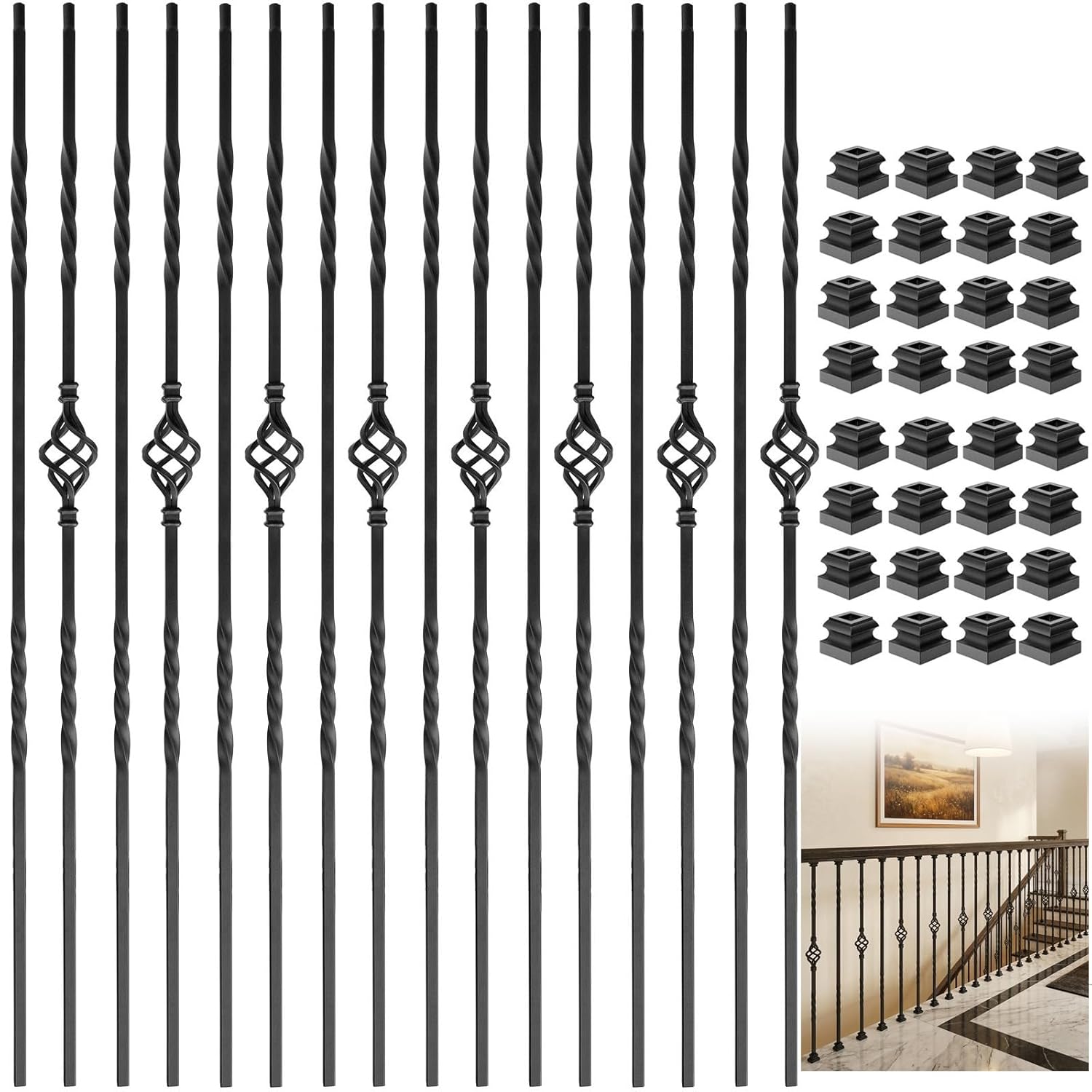 Iron Balusters for Staircase 30 Pack, Wrought Iron Balusters, 1/2" Hollow Single Basket Stair Spindles Stair Balusters, Metal Balusters for Decks W/ 60 Pack Baluster Shoes