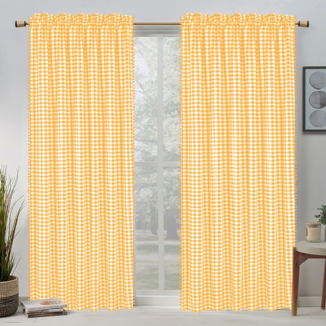 Curtains 84 Inch Length 2 Panels Set - Farmhouse Style Easy to Install Window Treatment Set - Long Drapes for Bedroom Living Room Darkening Curtain Rod Pocket (2 Panels, W40 x L84, Yellow)