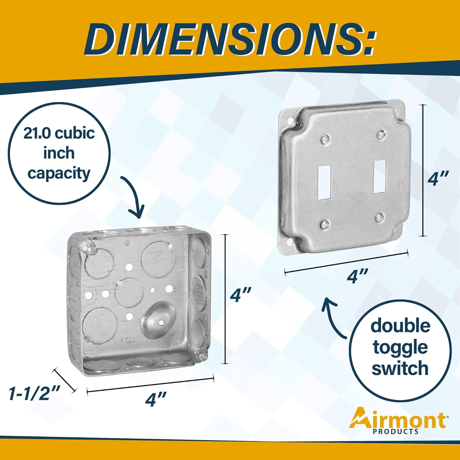 (Pack of Box and Cover) AP-12082, 4" Square Electrical Box, Double Toggle Switch Exposed Work Cover, Crushed Corners, Drawn Construction, Ten 1/4", Six 3/4" Knockouts, 1-1/2" Deep, 2-gang