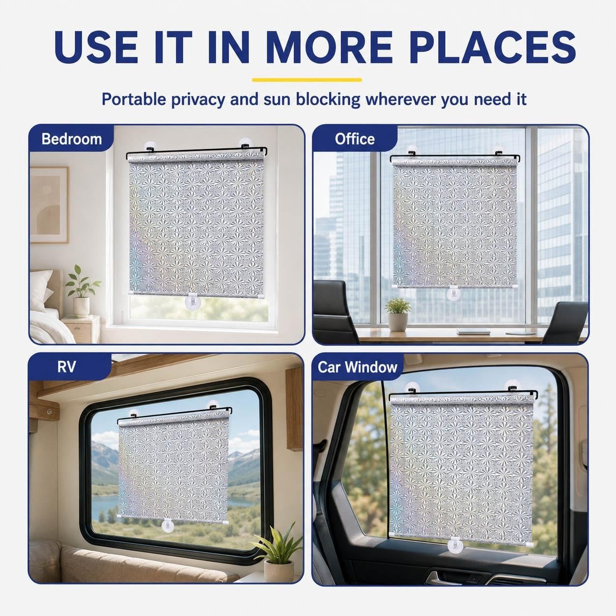 Schermo Solare per Finestre con Ventose, Pannello Oscurante Riflettente Retrattile Senza Forare, Protezione Privacy per Camera Ufficio Camper Auto Porta Vetro(W 80 x 120 cm)