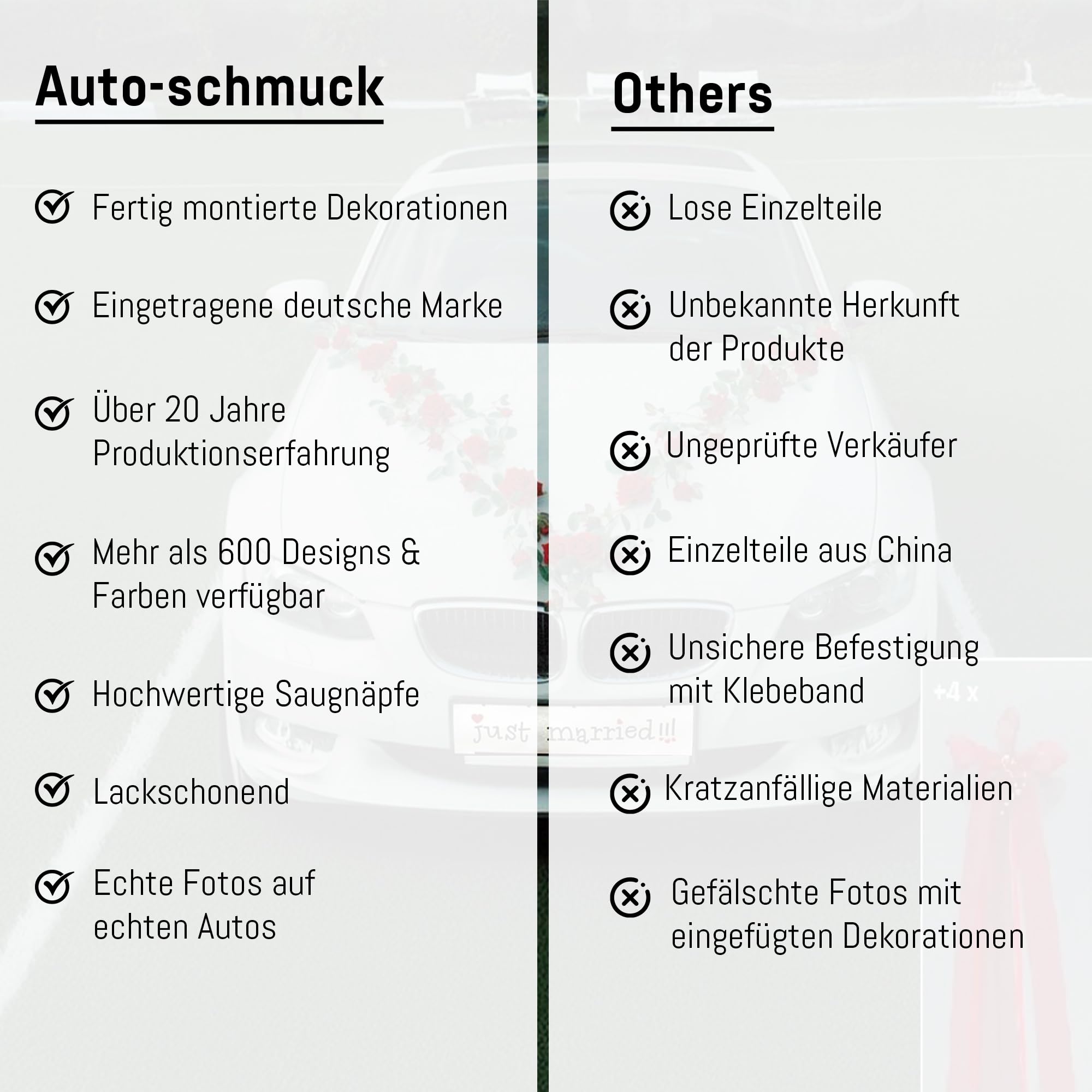 Autoschmuck Guirlande de roses pour voiture, Décoration de mariage