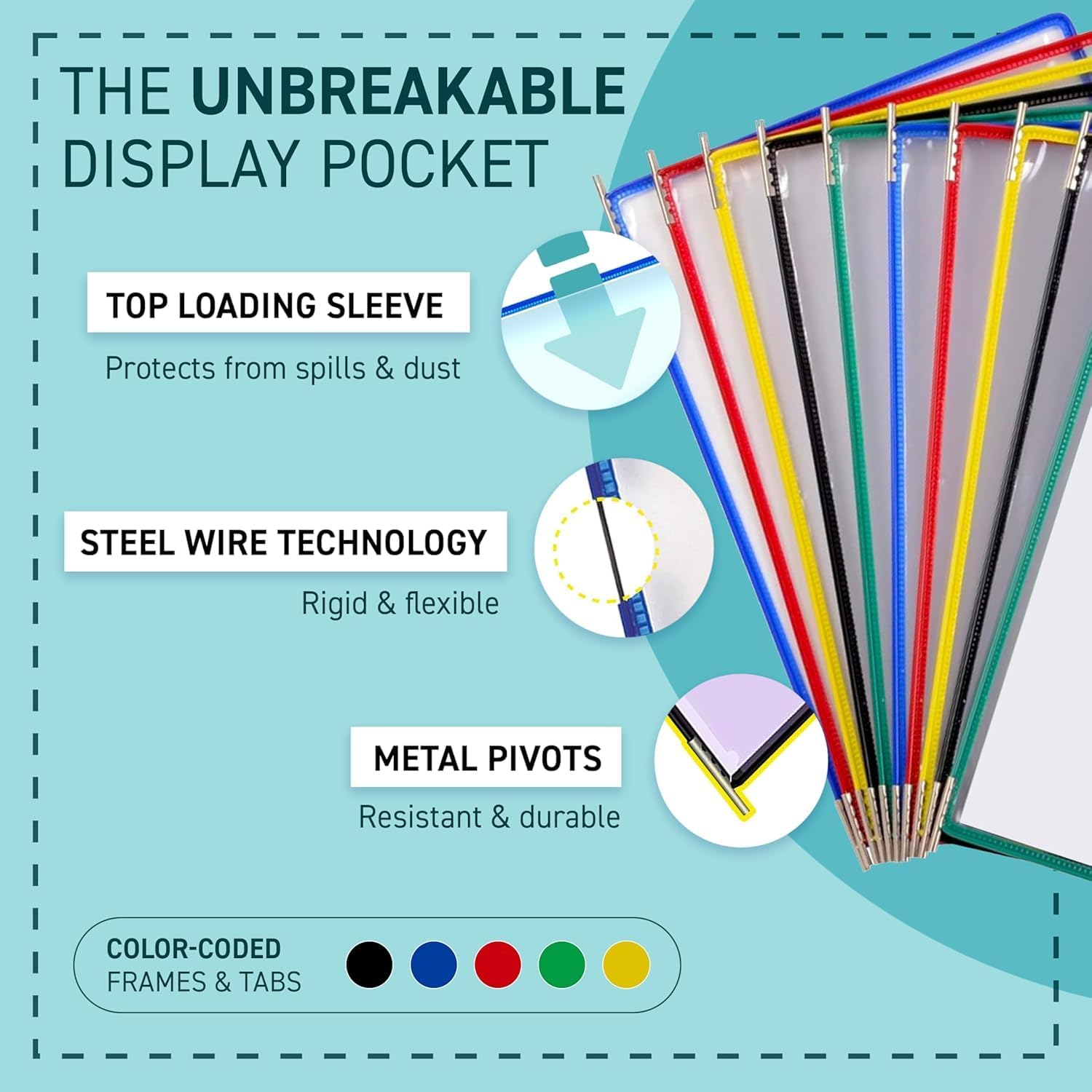 Tarifold DJOIS Pivoting Pockets for Wall or Desk Systems - Durable Anti-Glare Material - Letter-Size - 10 Pockets - 20 Sheet Capacity - Wire-Reinforced - Made in France - Assorted Colors