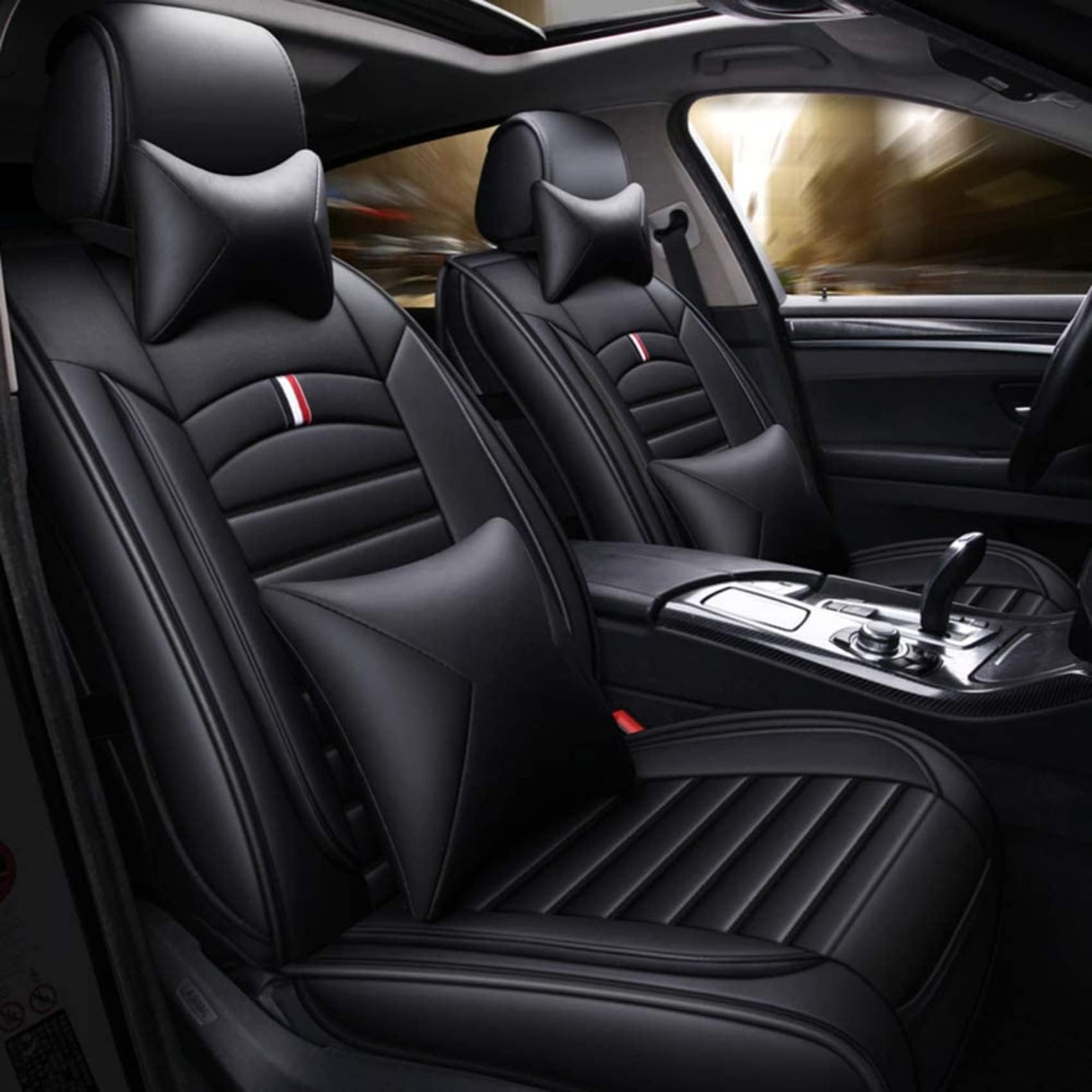 ANKIV Full Set Universal Fit 5 Seats Car Waterproof Pu Leather Front Rear Car Seat Cushion Cover with Headrest Waist Support Pillows for Sedan or SUV