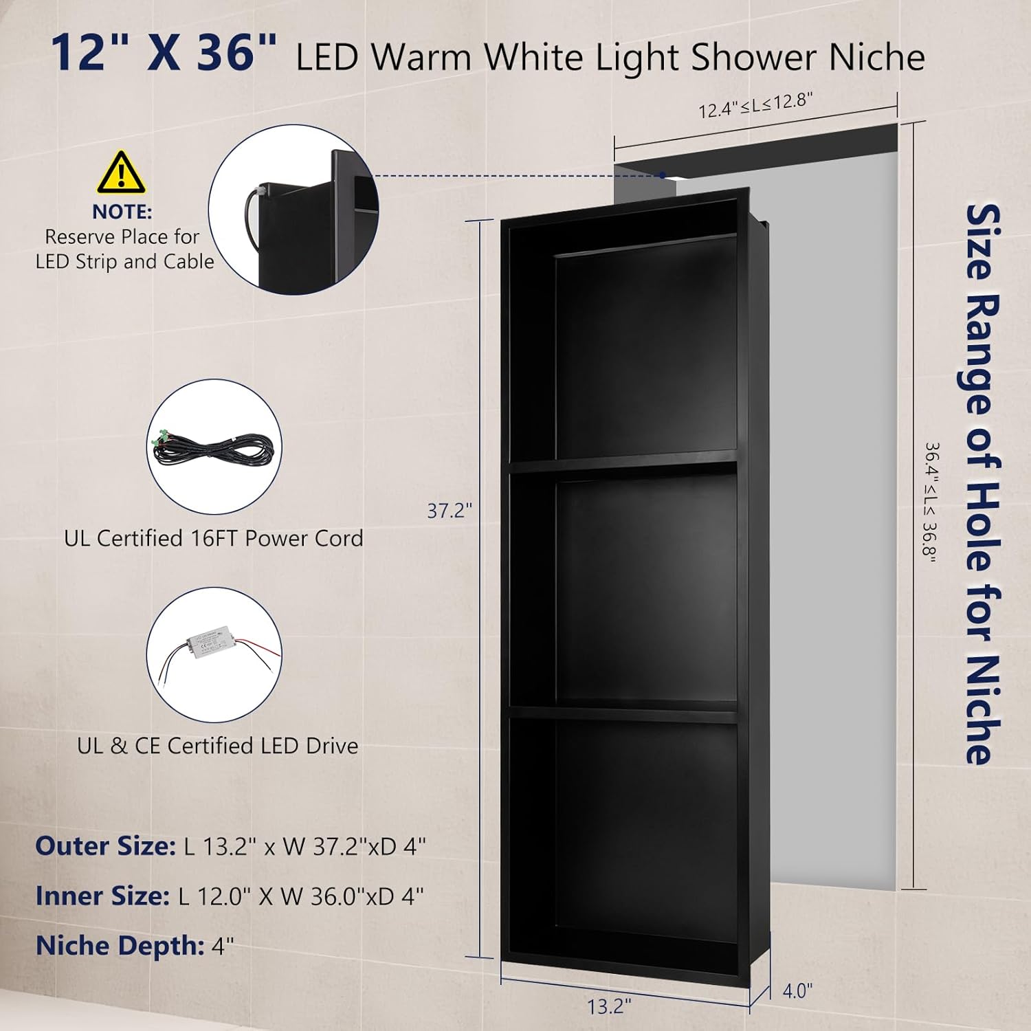 12" x 36" stainless steel shower niche, led shower niche no tile needed with 3000k led warm white light recessed shower wall shelf for bathroom storage, with remote control, matte black matte black-warm white 12" x 36"