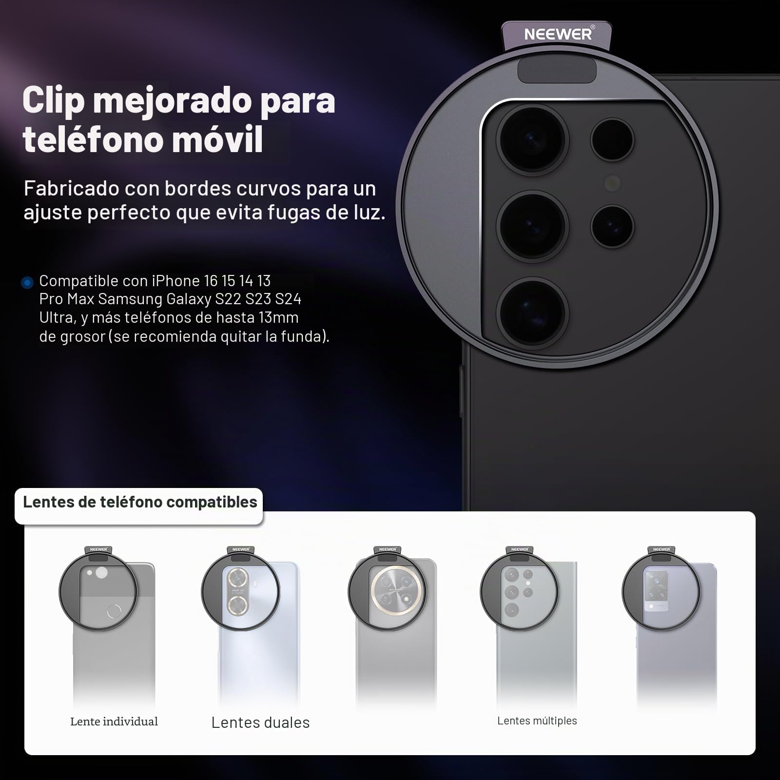 NEEWER Filtro CPL de 67 mm para teléfono, Filtro polarizador HD de 67 mm y Clip de teléfono de Zapata fría, Incluye Bolsa de Transporte y paño de Limpieza de Lentes, Compatible con Galaxy S24 Series