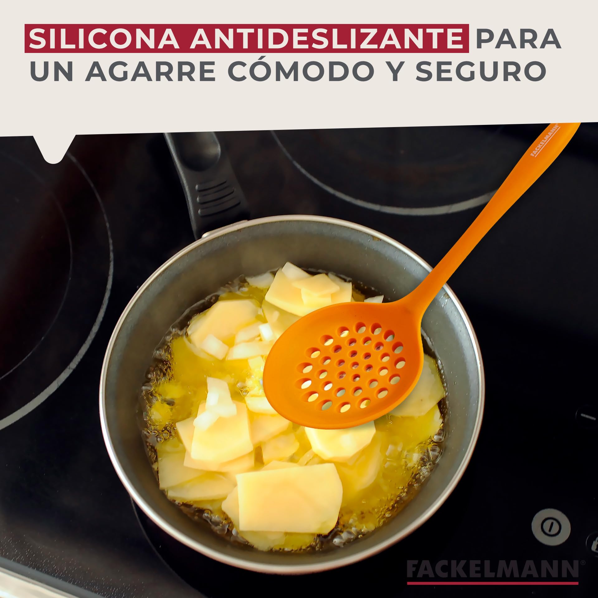 Fackelmann Espumadera de Cocina, Óptima para Freír, Silicona de Tacto Suave, Apta para Sartenes y Ollas con Revestimiento, Resistente hasta 230ºC, Apta para Lavavajillas, Color Naranja, 29x7 cm, 1 ud.