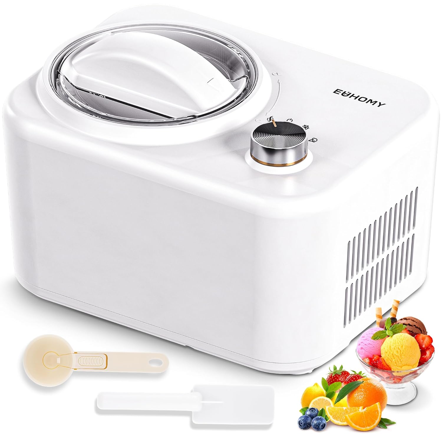 EUHOMY 1 Quart Auto Ice Cream Maker with Compressor, No Pre-freezing, 3 Modes Gelato Maker, Keep Cool Function, Easy-to-Clean, Frozen Yogurt Machine for Ice Cream/Frozen Yogurt/Gelato. (White)