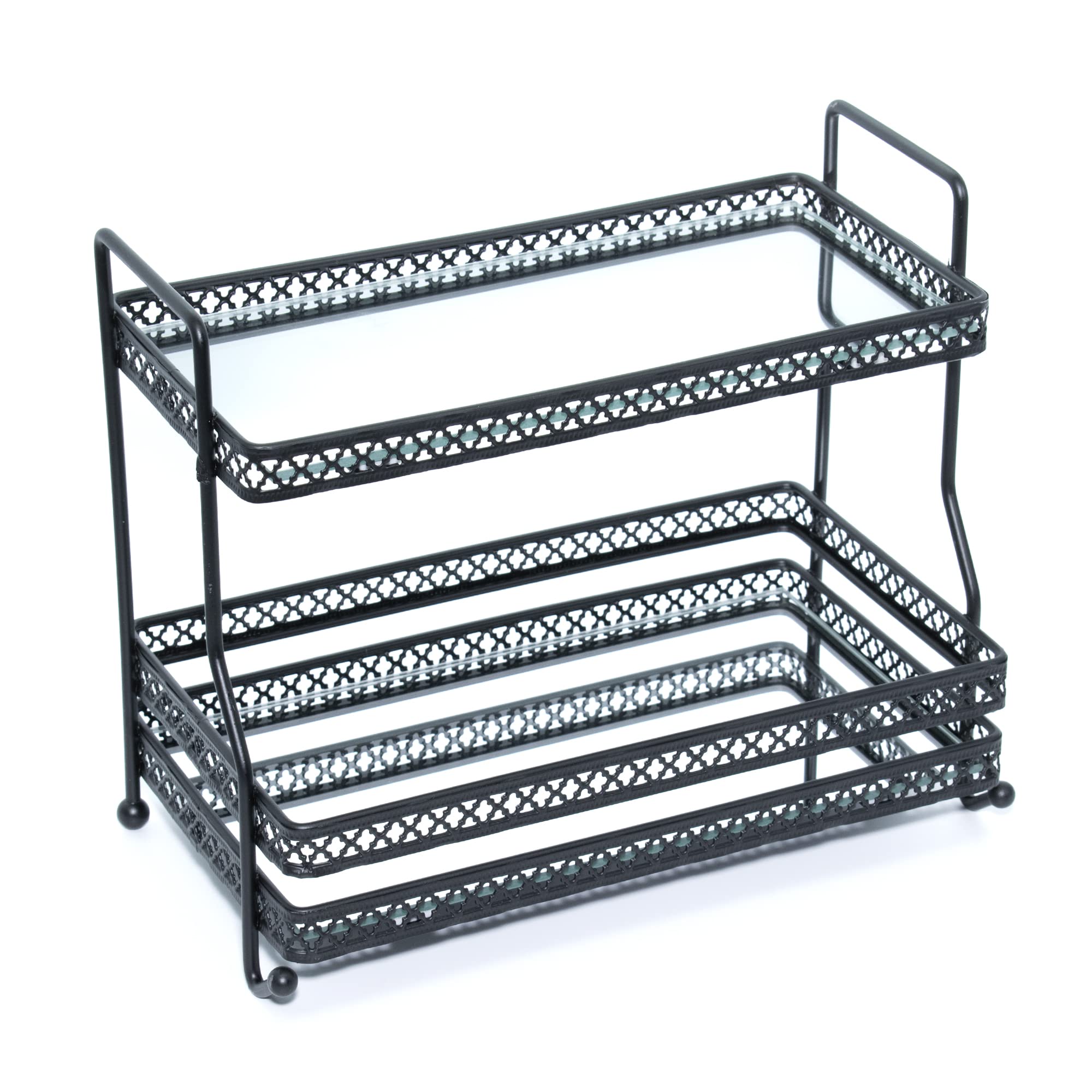 AQ Organizational 2-Tier Mirrored Home Storage Tray for Vanity, Dresser, Bathroom, or Kitchen Counter, Shelves Hold Beauty Products, Makeup, Perfume, Toiletries, Jewelry, Spices etc. - Matte Black