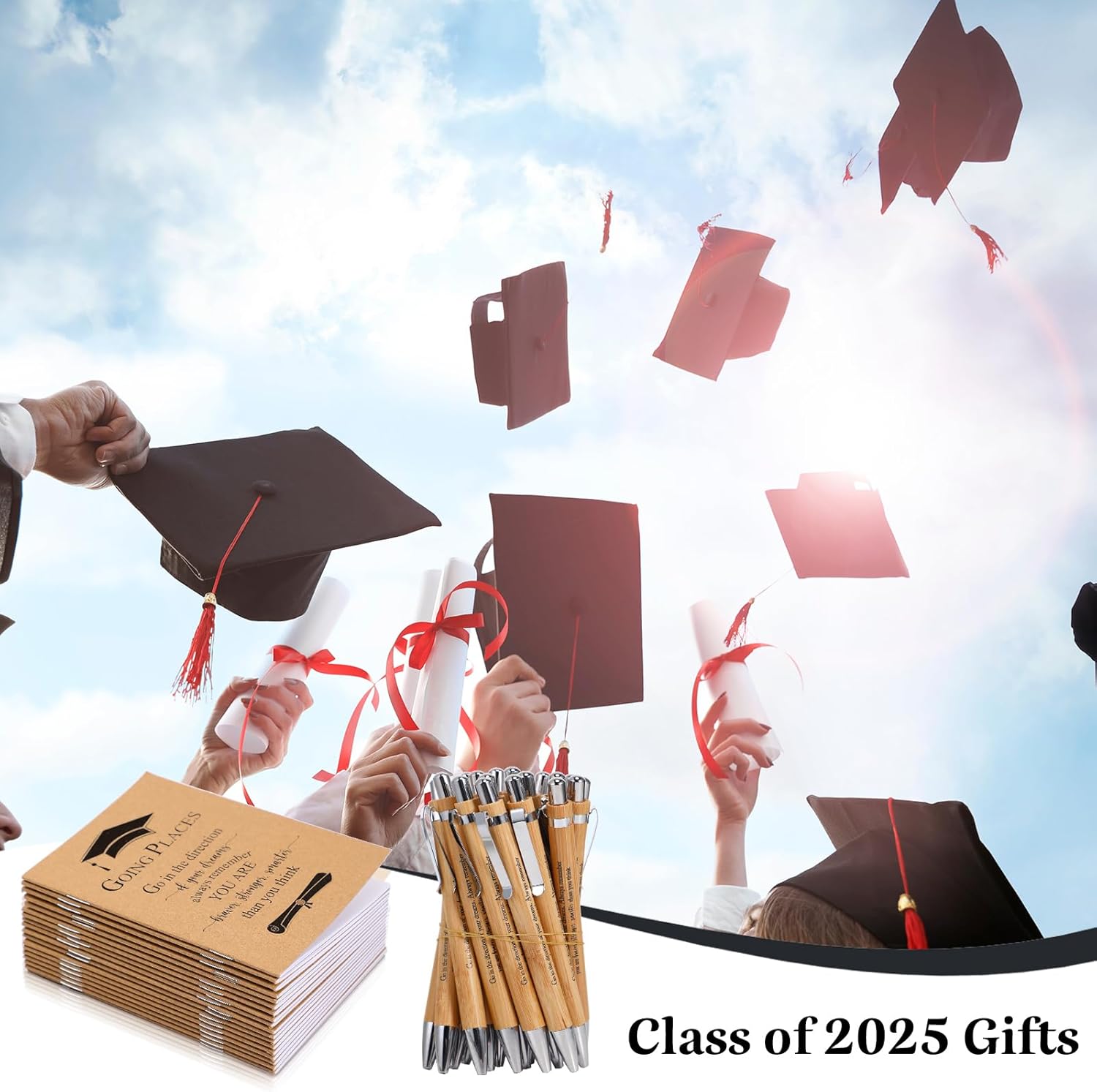 Kosiz Graduation Gifts Motivational Mini Journal Inspirational Bamboo Pen Kraft Notebooks Bulk Wooden Retractable Ballpoint Pen for Class of 2026 College Gifts(120 Pcs,Wooden)