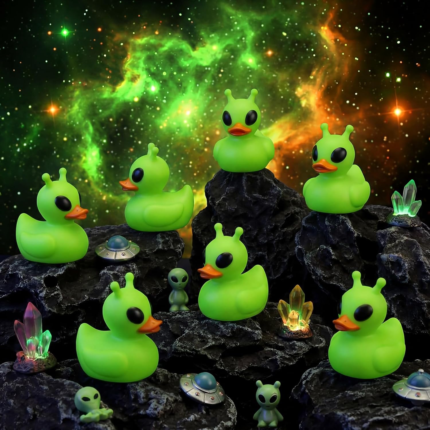 Sotiff Green Mini Alien Rubber Ducks Alien Party Favors Small Tiny Aliens Figurines Duck to Hide and Seek for Cruise Ship Space Party Favor Rave Trinkets Goodie Bag Easter Gift Basket Stuffing(25 Pcs)