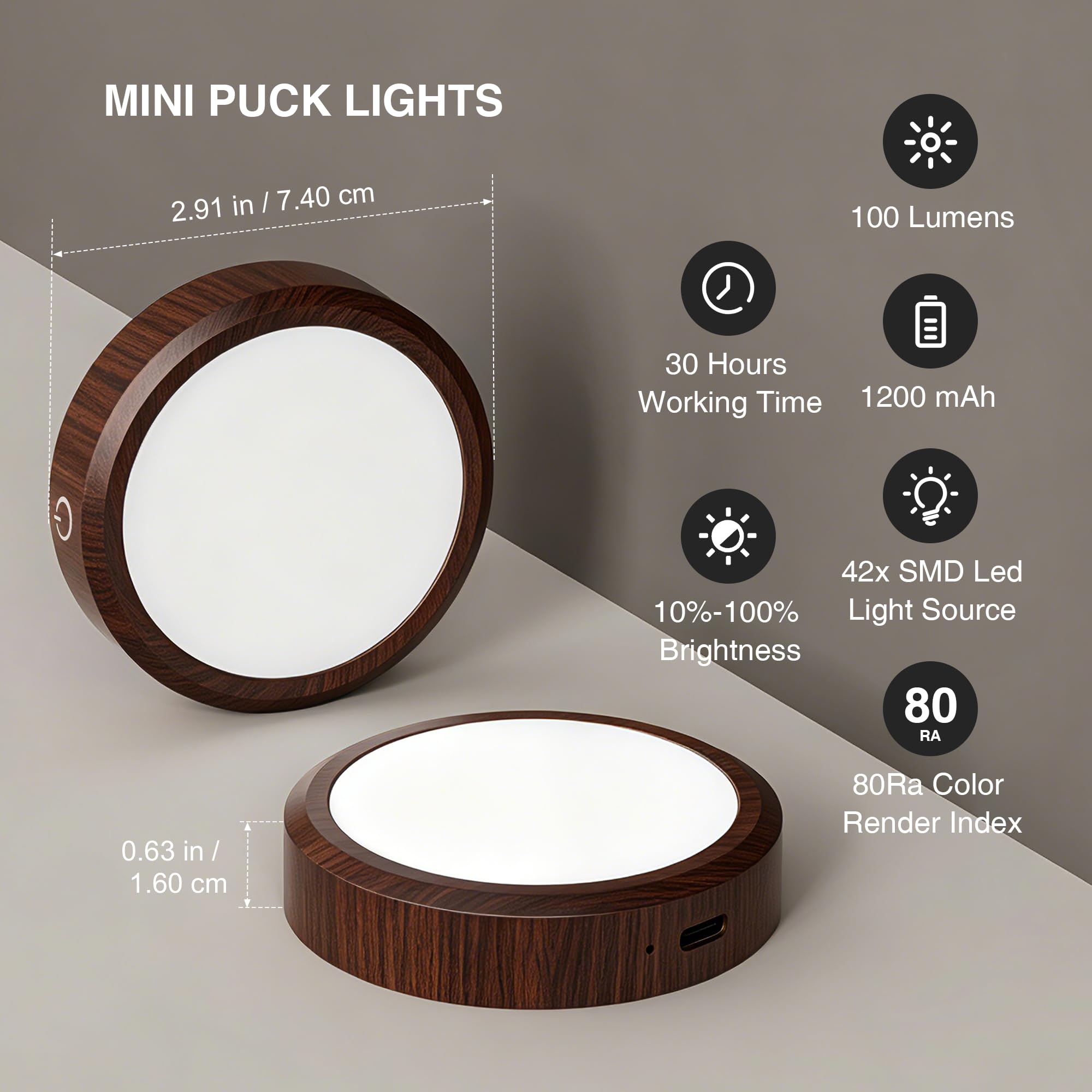 Wiederaufladbare Puck-Leuchten mit Fernbedienung, in 3 Farbtemperaturen dimmbar, Klebelichter mit Berührungssensor für Küche, Arbeitsplatte, Schrank und Regal – Holzoptik, 4er-Pack