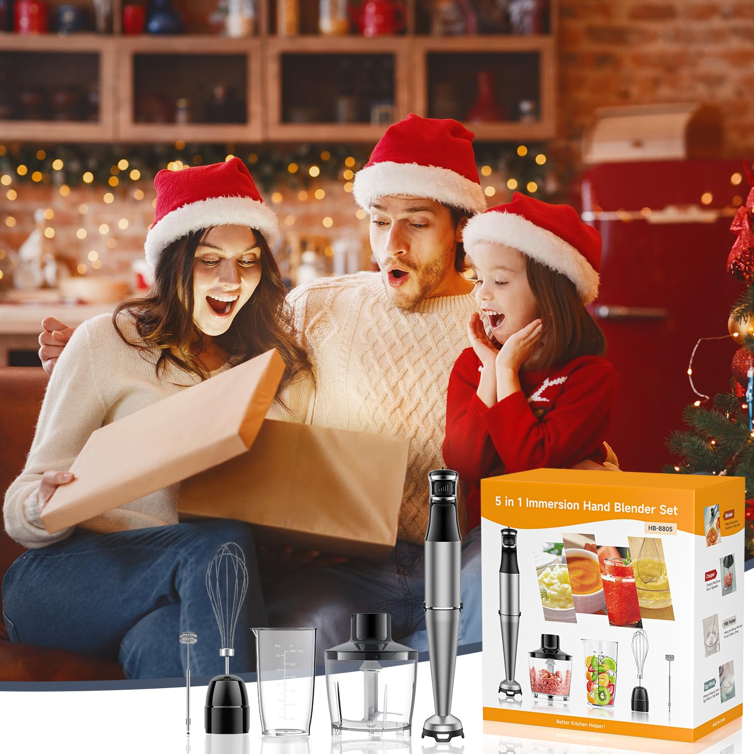 Batidora de inmersión de mano de 1100 W con cable 5 en 1 con velocidad de control de gatillo, batidora, accesorios para espumar leche para sopa, batido, puré 8
